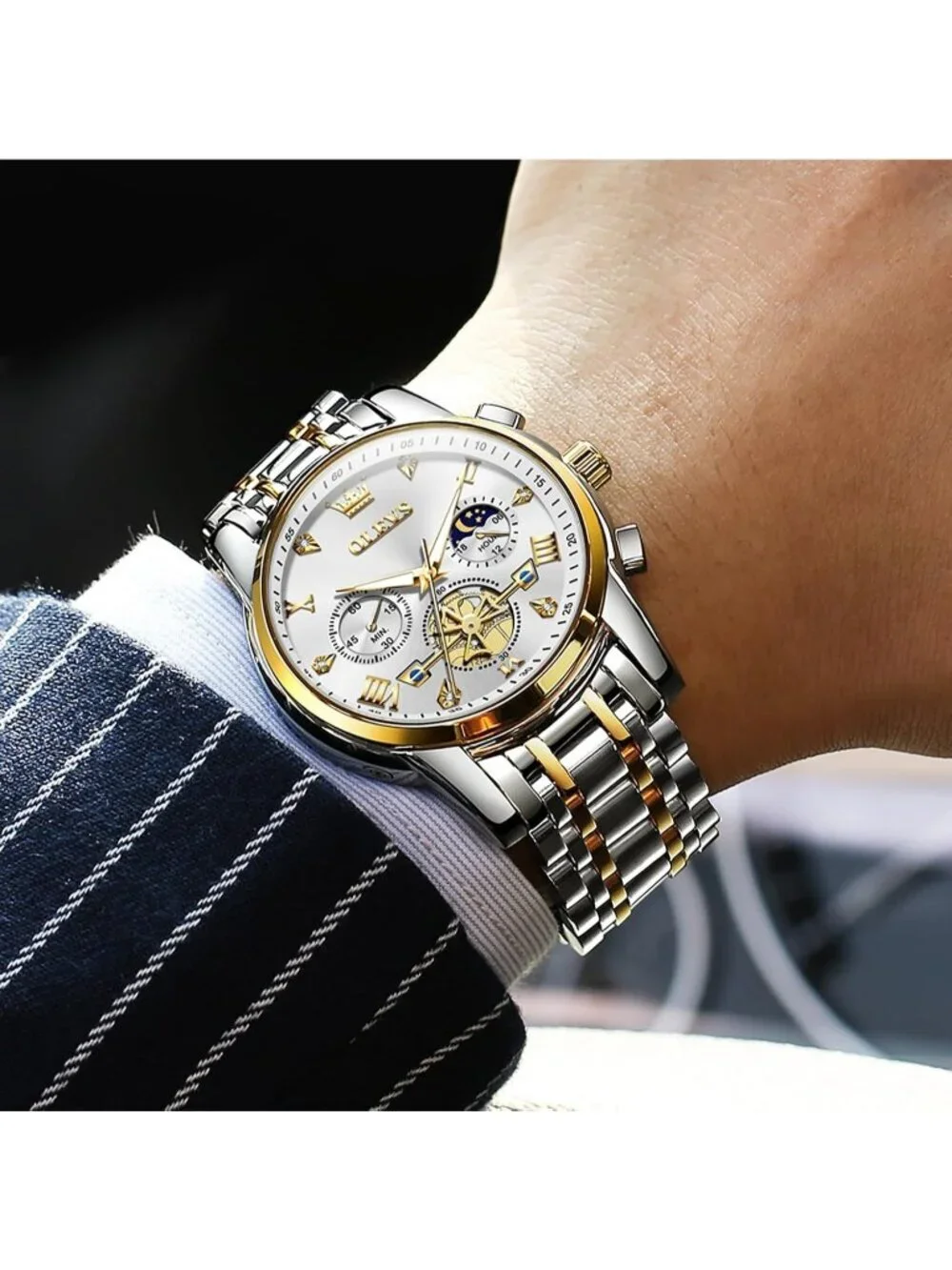 Men's White / Two-tone Stainless Steel Chronograph Waterproof Quartz Dress Watch